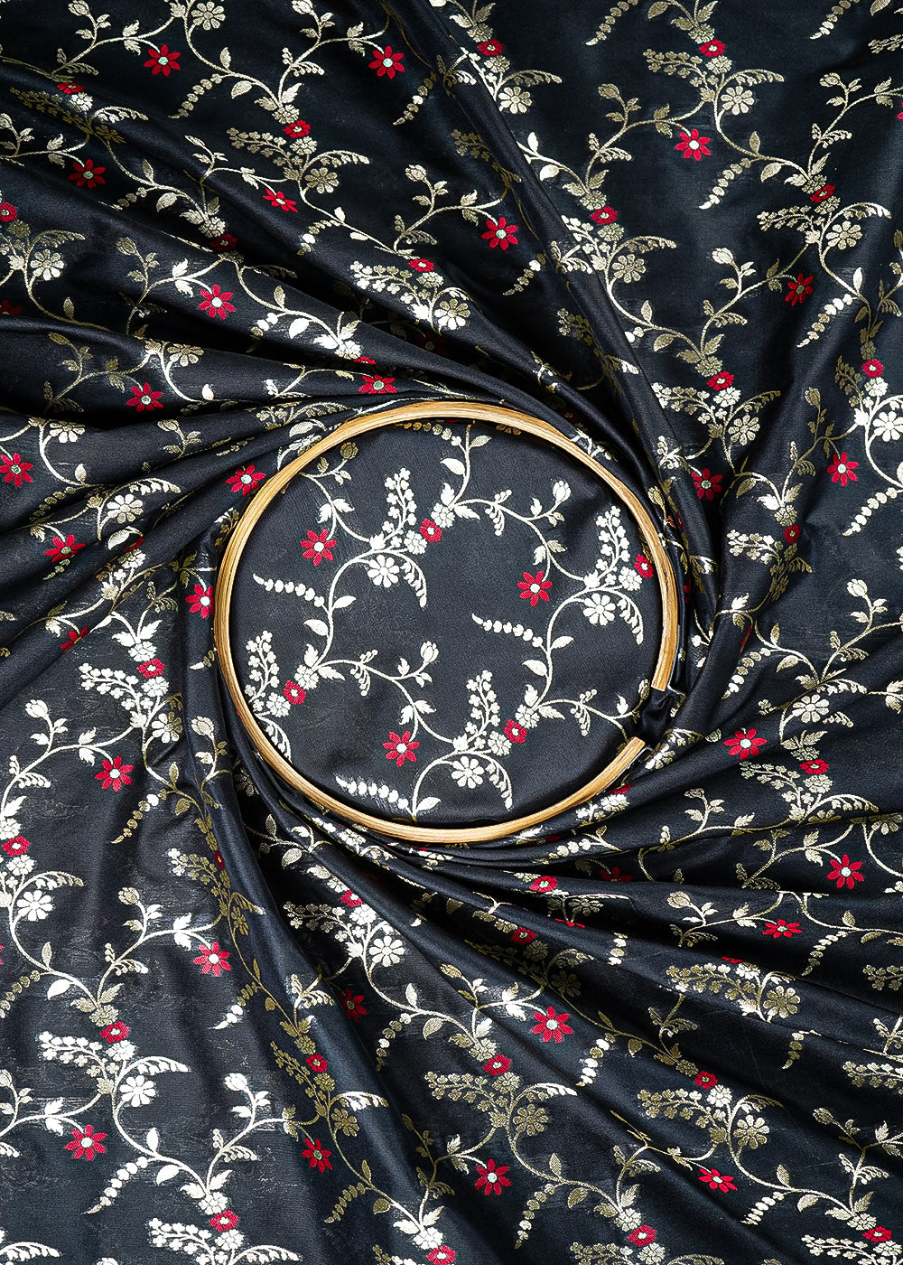 Black Banarasi Brocade Fabric With All Over Thread And Golden Zari Handloom 23826