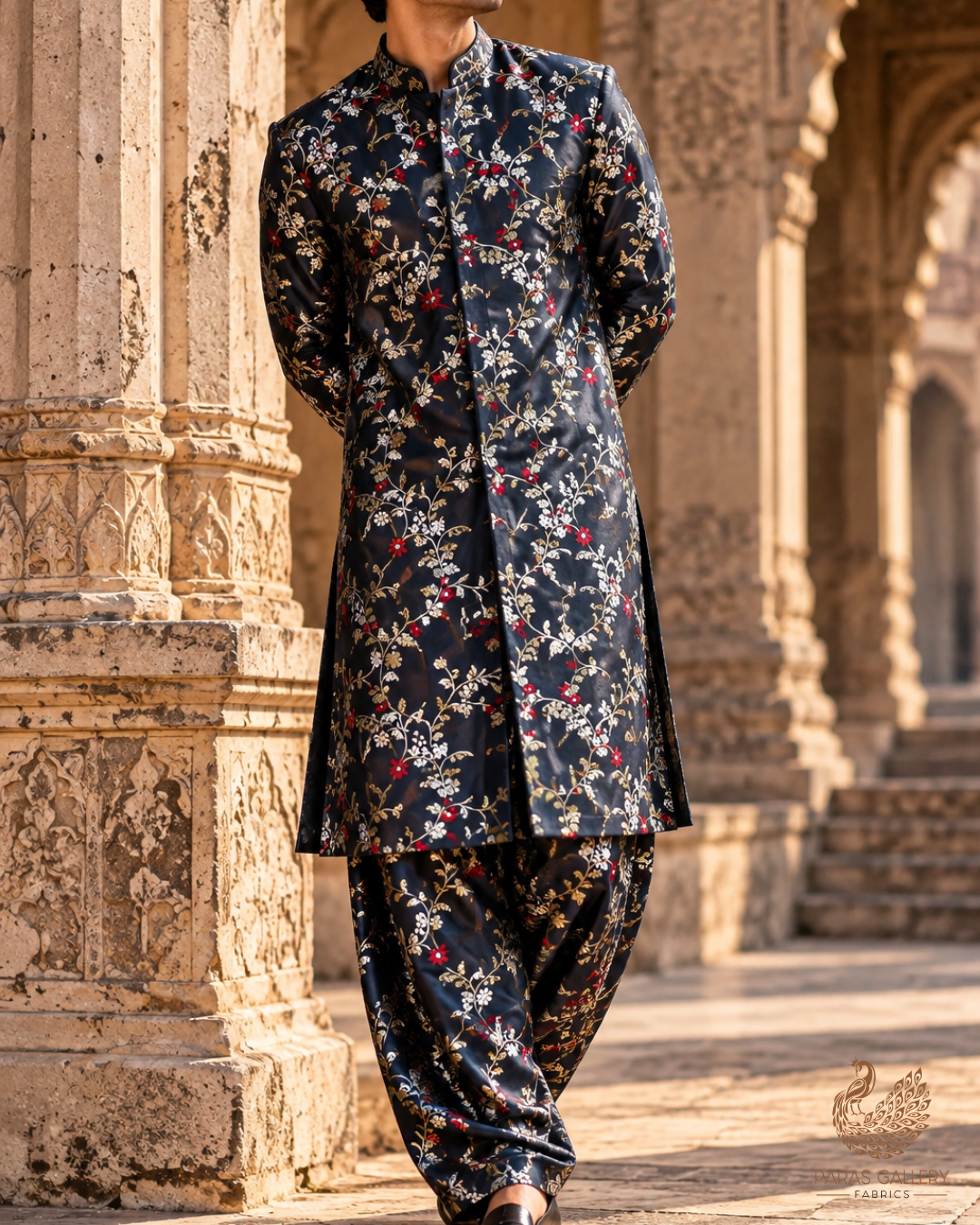 Black Banarasi Brocade Fabric With All Over Thread And Golden Zari Handloom 23826