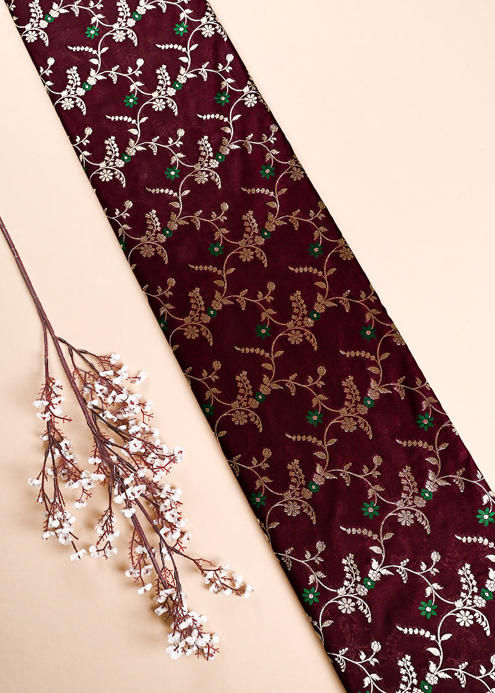 Wine Banarasi Brocade Fabric With All Over Thread And Golden Zari Handloom 23829