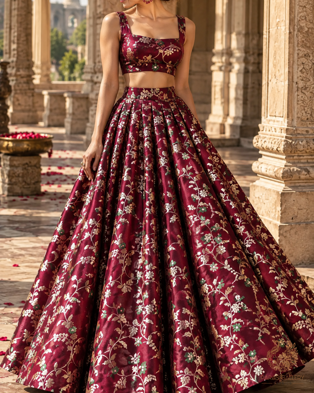 Wine Banarasi Brocade Fabric With All Over Thread And Golden Zari Handloom 23829