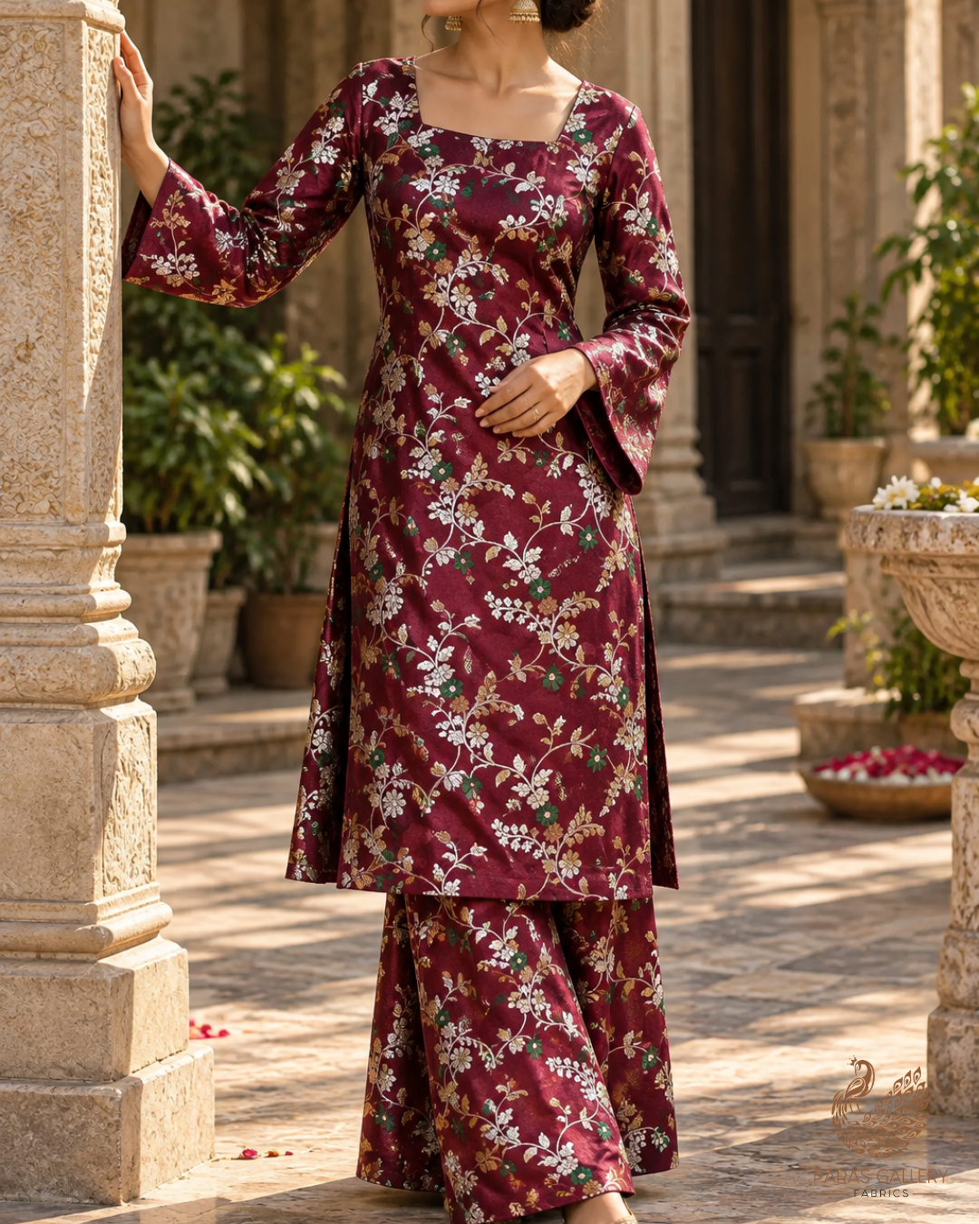 Wine Banarasi Brocade Fabric With All Over Thread And Golden Zari Handloom 23829