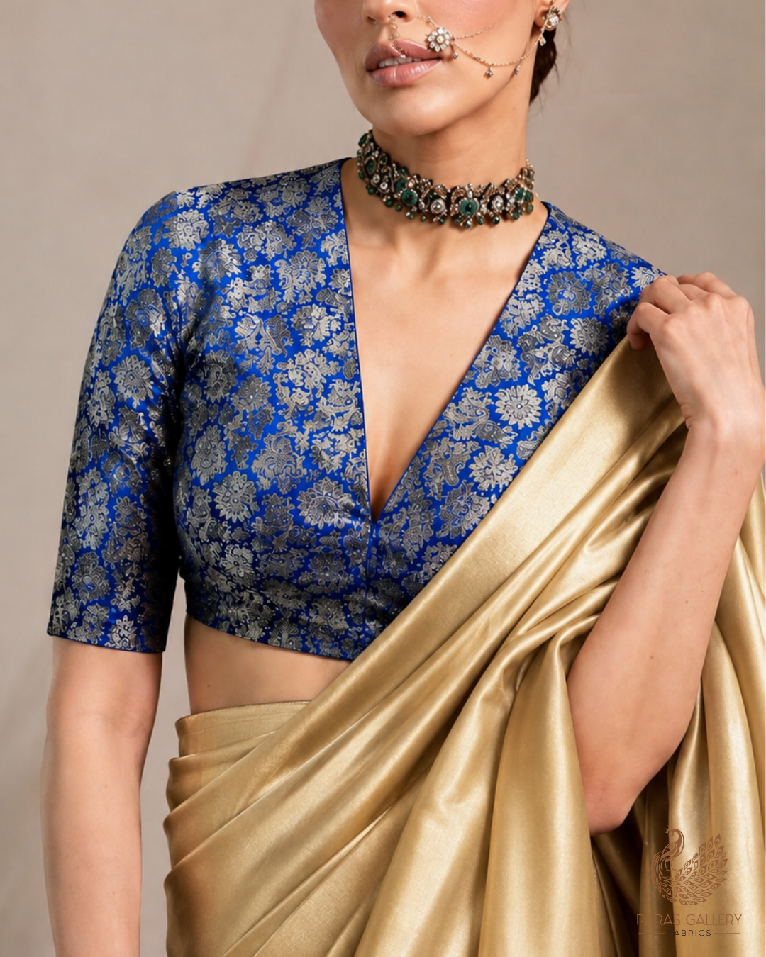 Blue Banarasi Brocade Fabric With All Over Thread And Golden Zari Handloom 23830