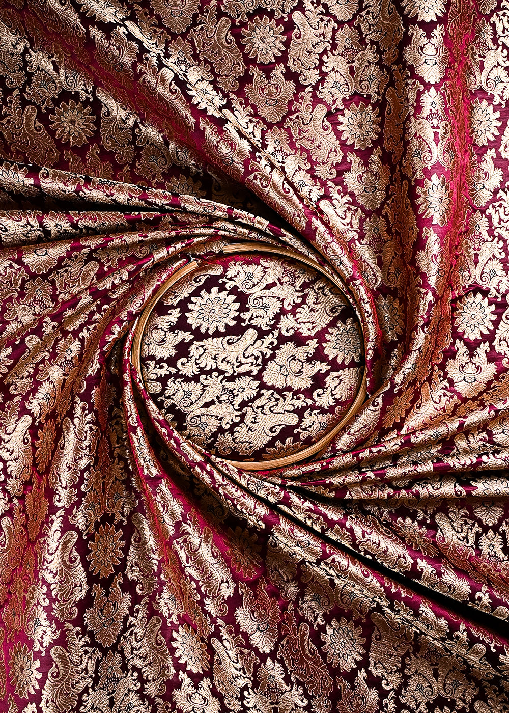 Wine Banarasi Brocade Fabric With All Over Thread And Golden Zari Handloom 23831