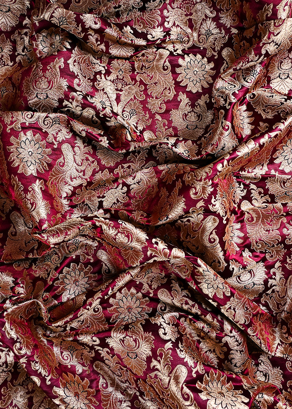 Wine Banarasi Brocade Fabric With All Over Thread And Golden Zari Handloom 23831
