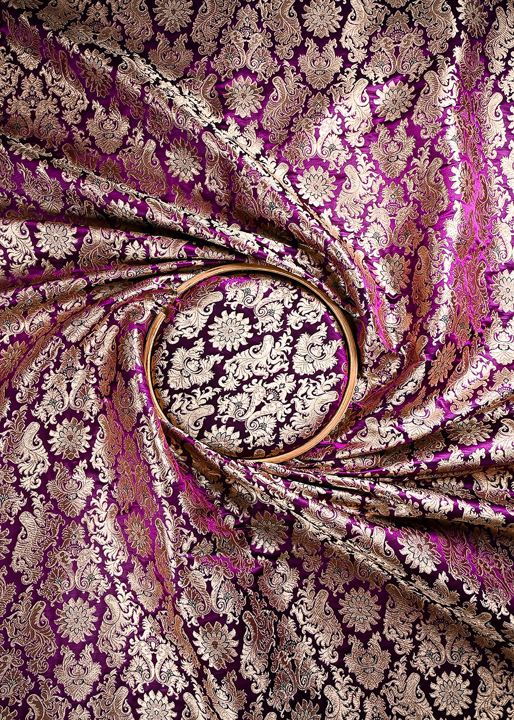 Purple Banarasi Brocade Fabric With All Over Thread And Golden Zari Handloom 23832