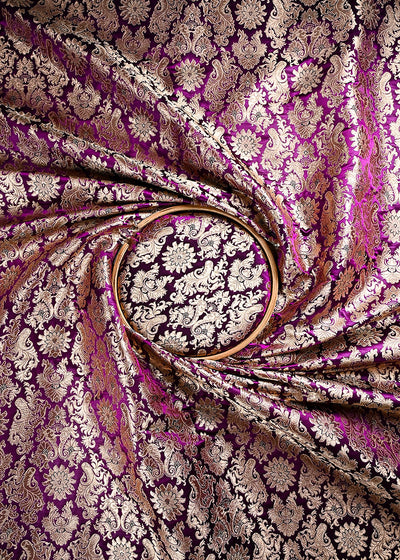Purple Banarasi Brocade Fabric With All Over Thread And Golden Zari Handloom 23832