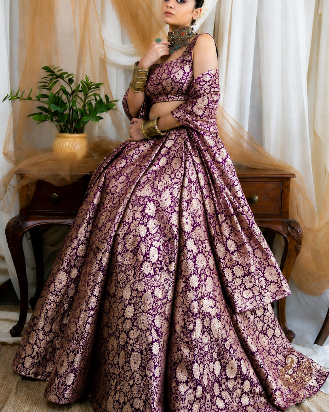 Purple Banarasi Brocade Fabric With All Over Thread And Golden Zari Handloom 23832