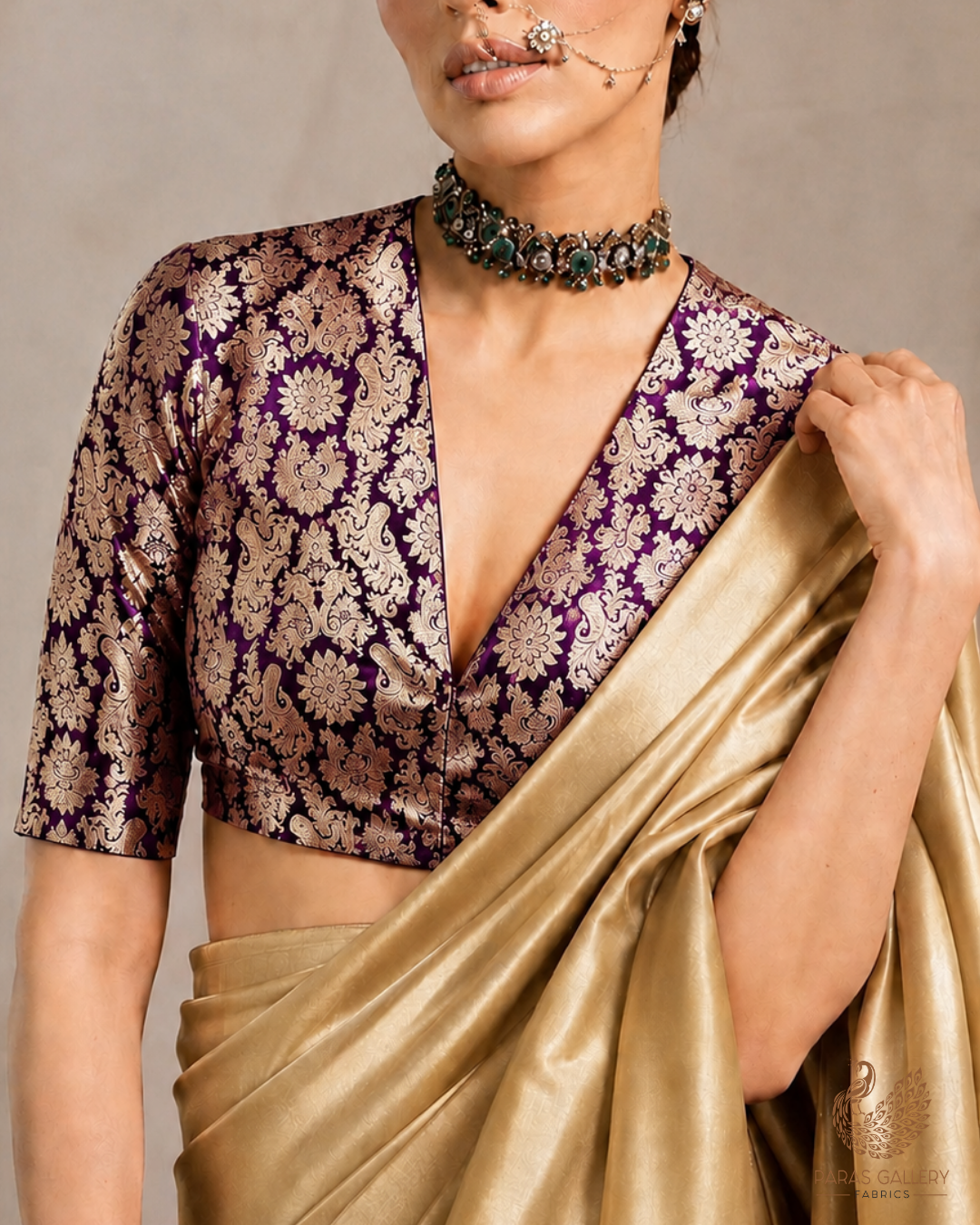 Purple Banarasi Brocade Fabric With All Over Thread And Golden Zari Handloom 23832