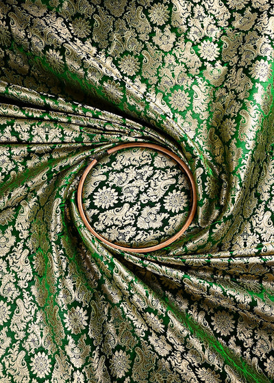 Green Banarasi Brocade Fabric With All Over Thread And Golden Zari Handloom 23834