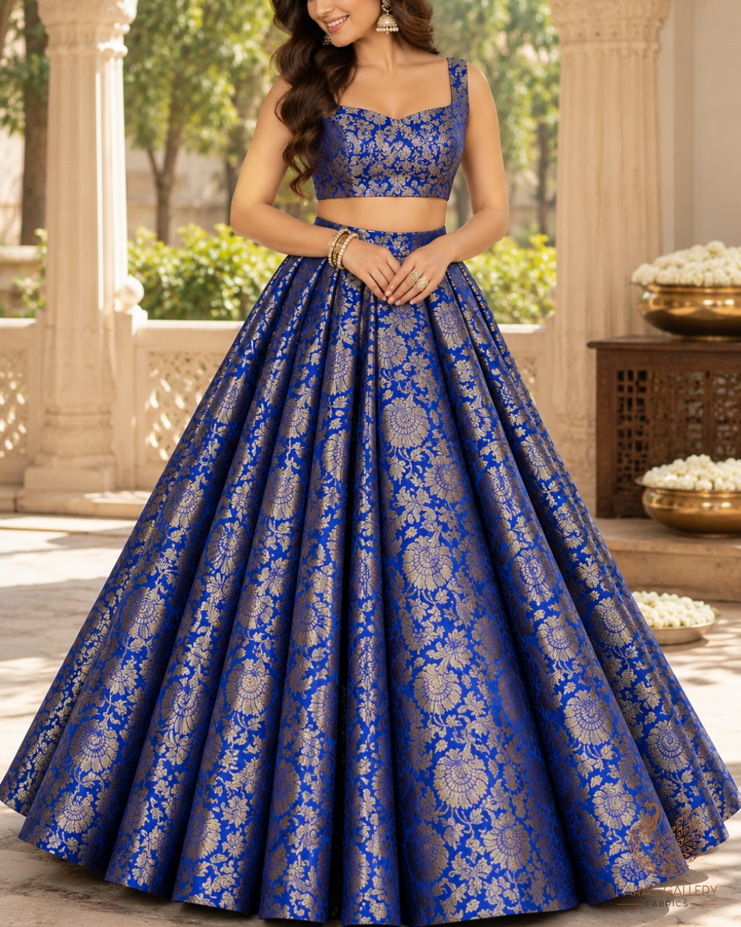 Royal Blue Banarasi Brocade Fabric With All Over Thread And Zari Handloom 23835