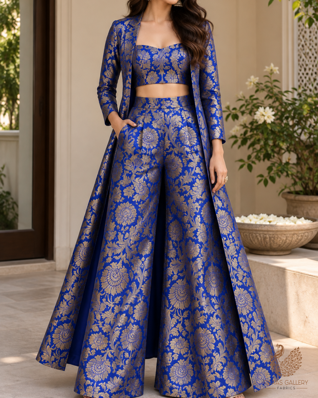 Royal Blue Banarasi Brocade Fabric With All Over Thread And Zari Handloom 23835