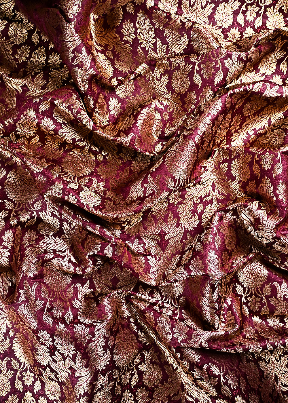 Wine Banarasi Brocade Fabric With All Over Thread And Zari Handloom 23837