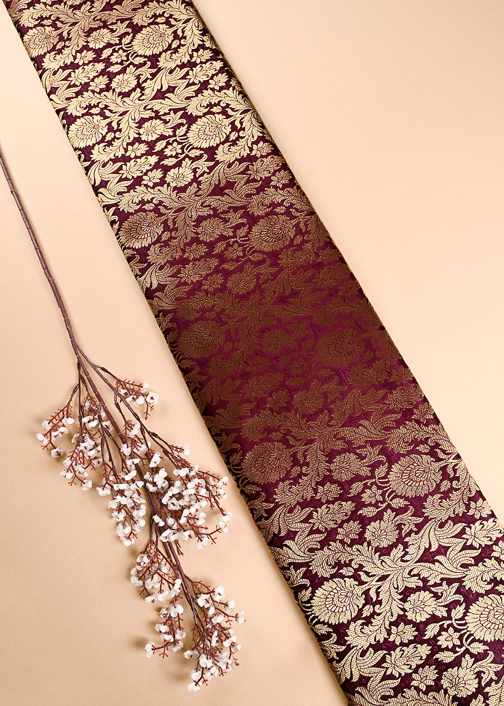 Wine Banarasi Brocade Fabric With All Over Thread And Zari Handloom 23837