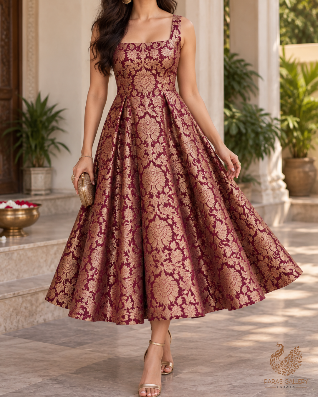 Wine Banarasi Brocade Fabric With All Over Thread And Zari Handloom 23837
