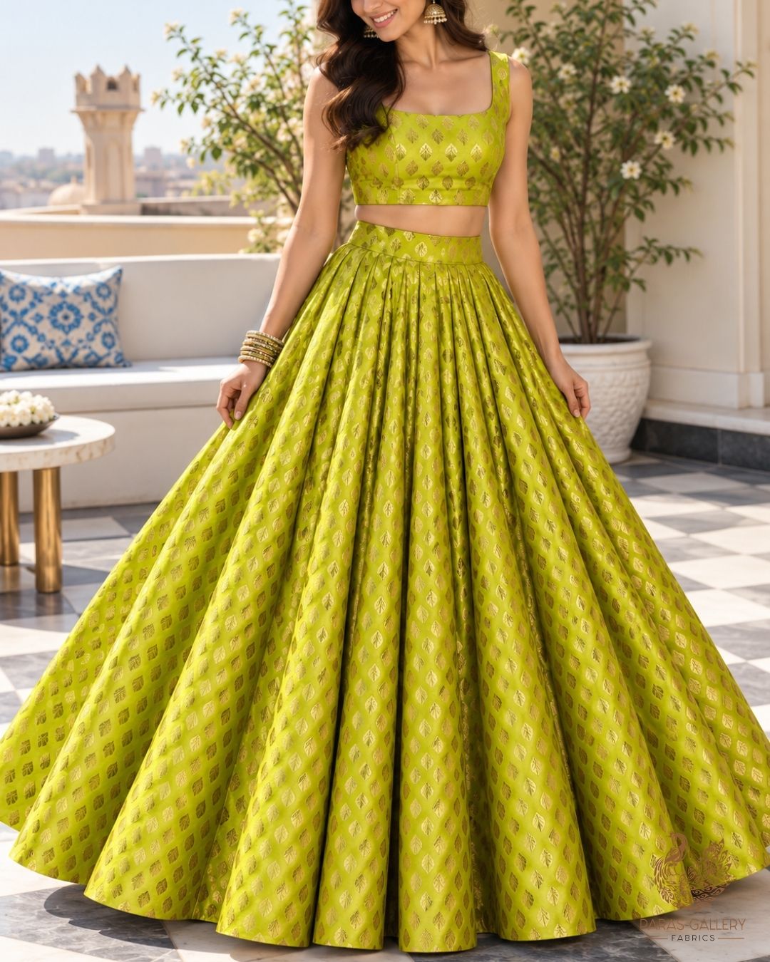 Neon Green Banarasi Brocade Fabric With All Over Thread And Zari Handloom 23840