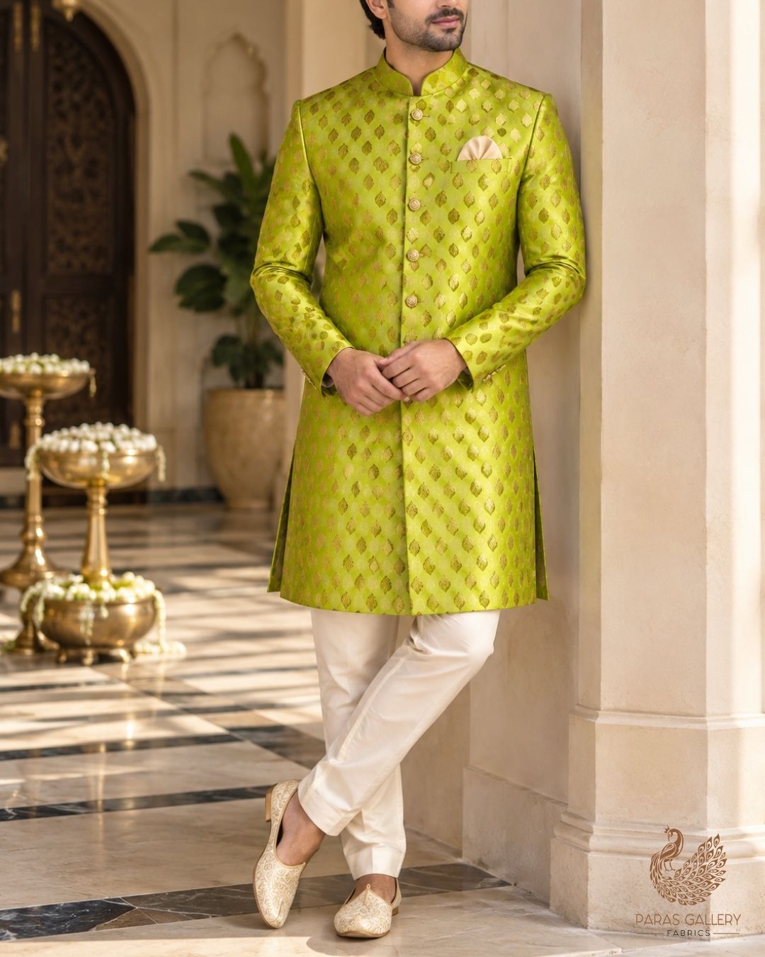 Neon Green Banarasi Brocade Fabric With All Over Thread And Zari Handloom 23840