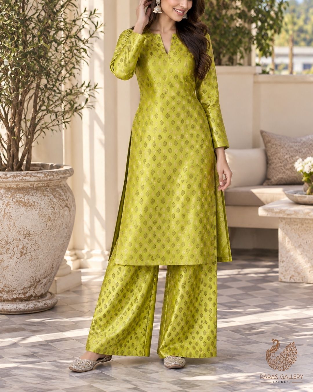 Neon Green Banarasi Brocade Fabric With All Over Thread And Zari Handloom 23840