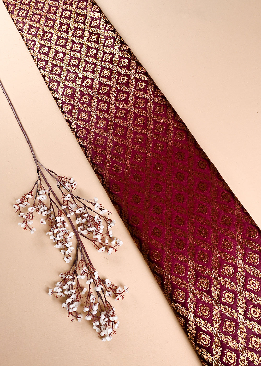 Wine Banarasi Brocade Fabric With All Over Thread And Zari Handloom 23843