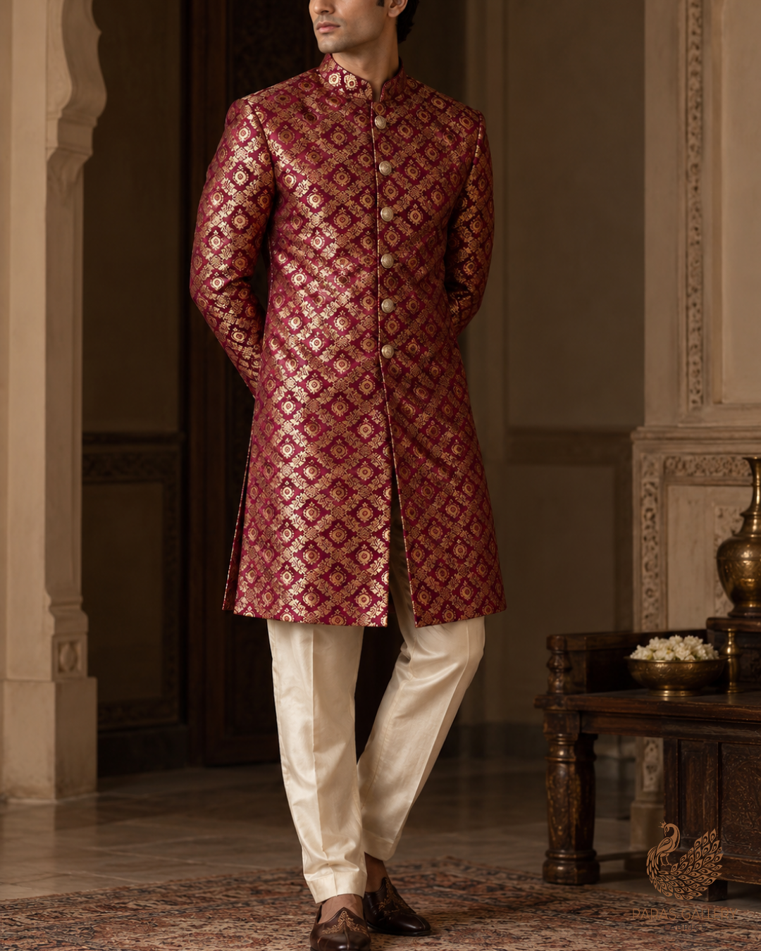 Wine Banarasi Brocade Fabric With All Over Thread And Zari Handloom 23843