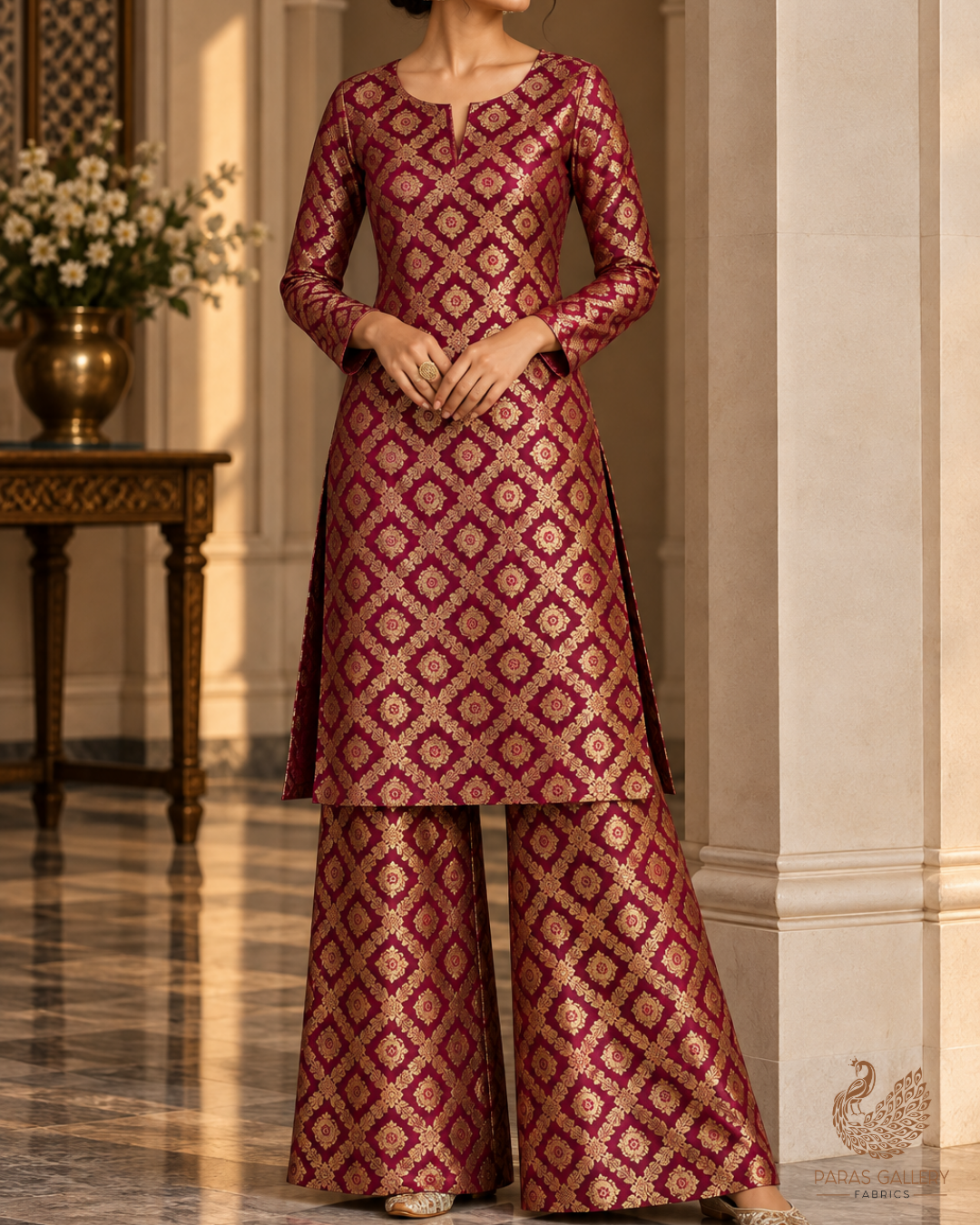 Wine Banarasi Brocade Fabric With All Over Thread And Zari Handloom 23843