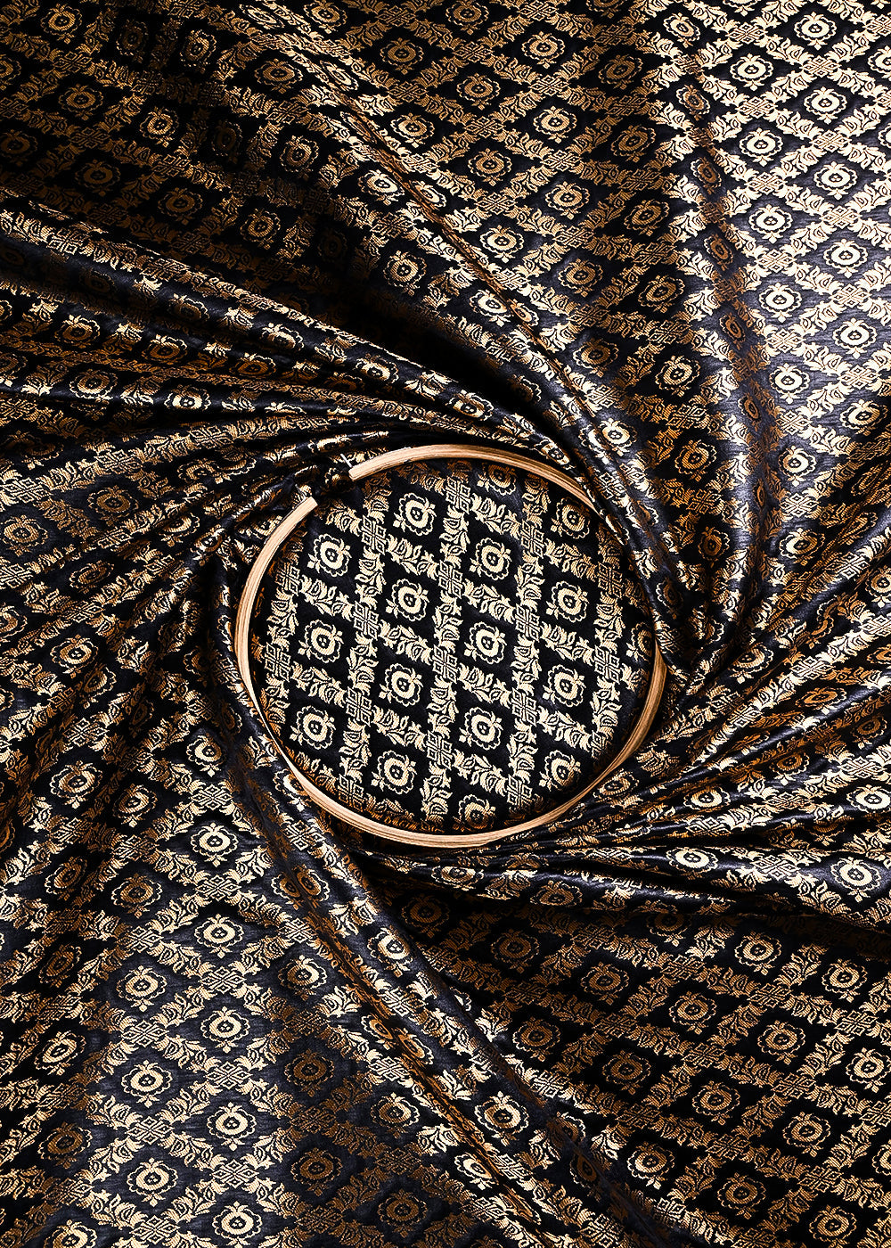 Black Banarasi Brocade Fabric With All Over Thread And Zari Handloom 23844