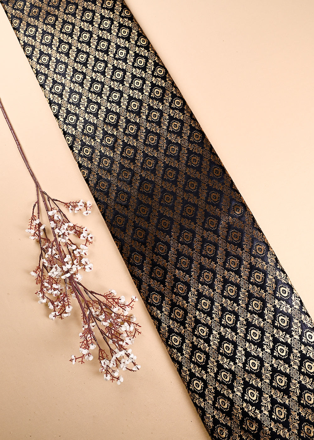 Black Banarasi Brocade Fabric With All Over Thread And Zari Handloom 23844