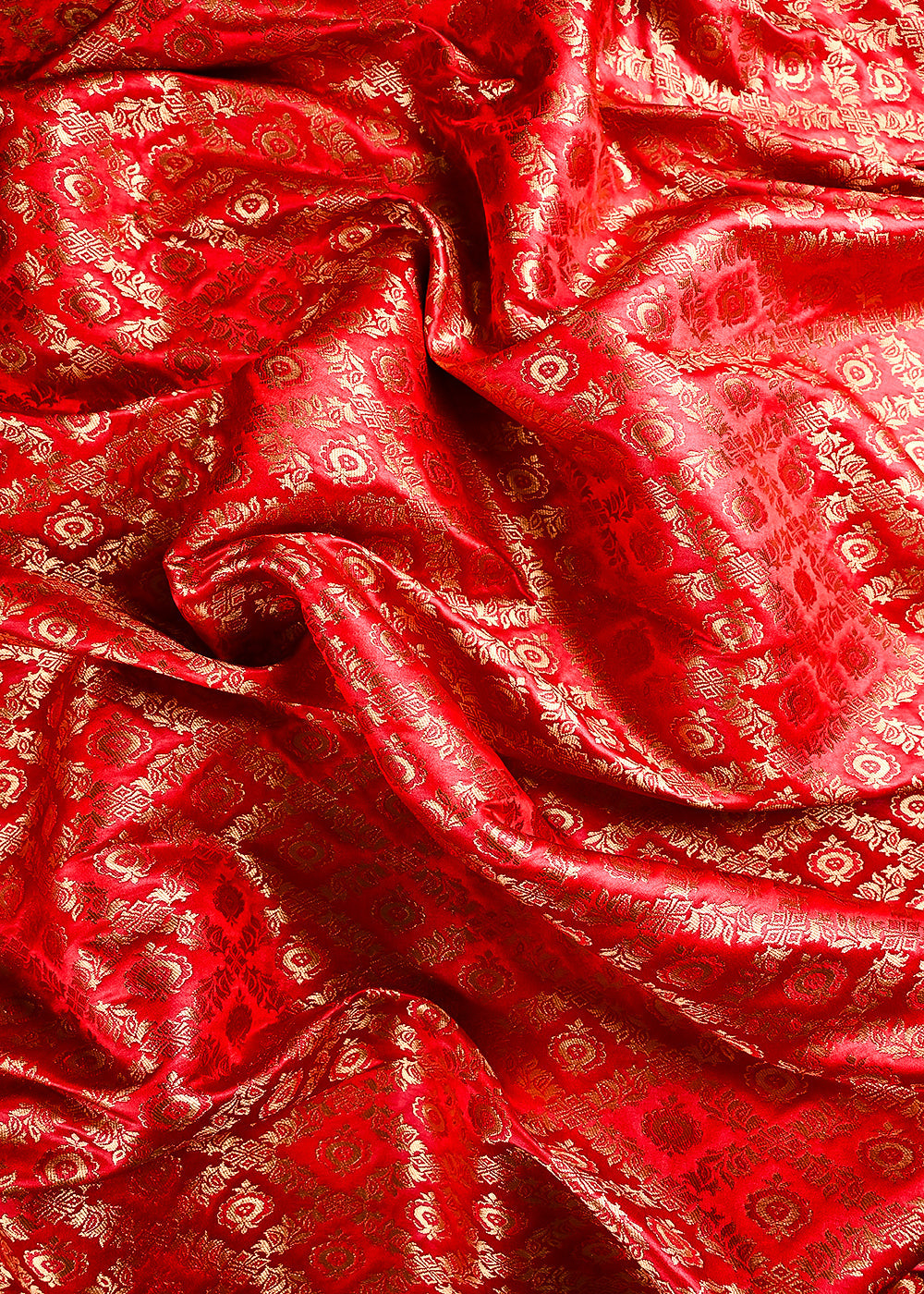 Red Banarasi Brocade Fabric With All Over Thread And Zari Handloom 23845