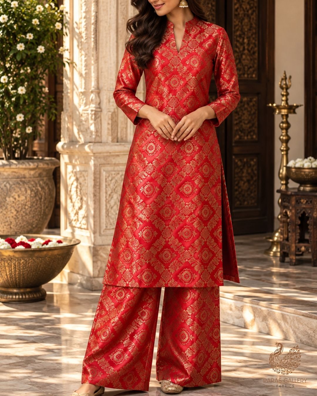 Red Banarasi Brocade Fabric With All Over Thread And Zari Handloom 23845