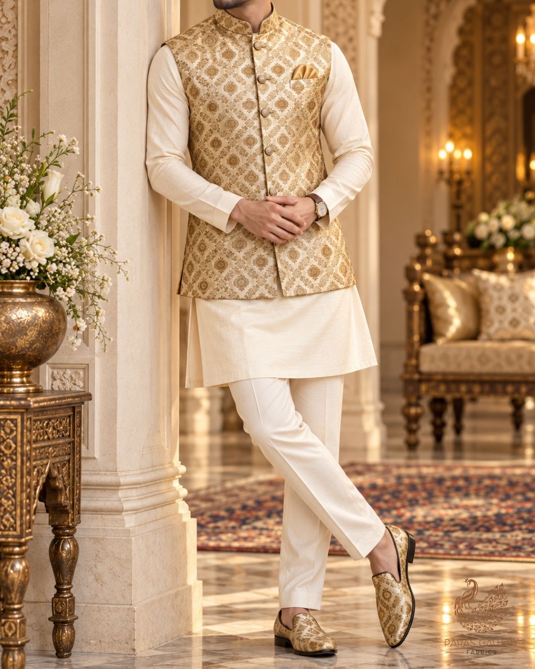 Light Beige Banarasi Brocade Fabric With All Over Thread And Zari Handloom 23847