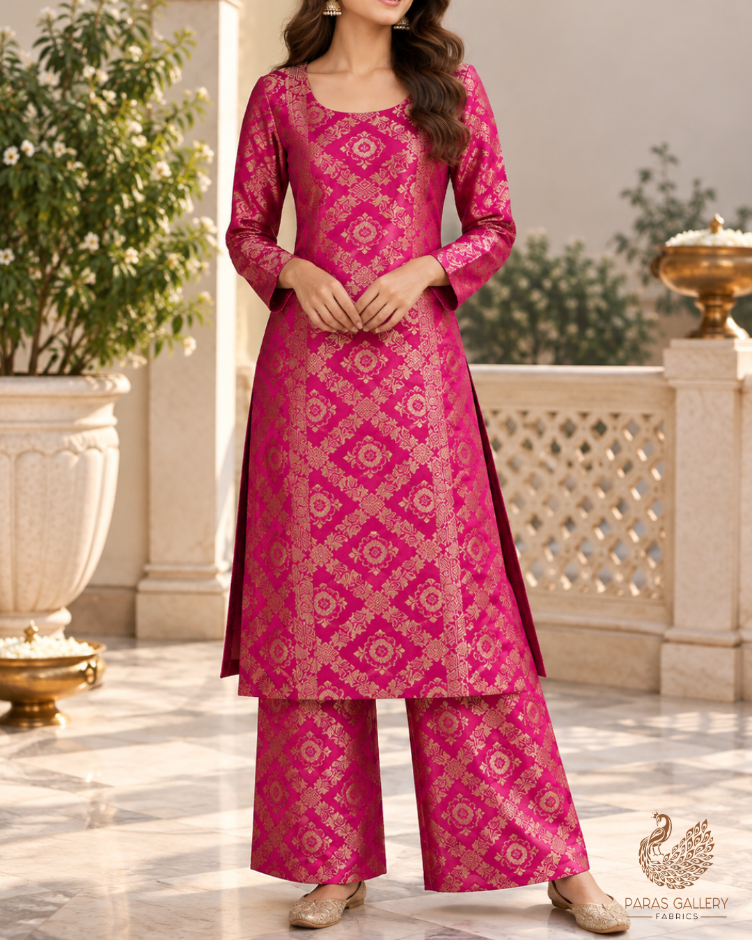 Rani Pink Banarasi Brocade Fabric With All Over Thread And Zari Handloom 23849