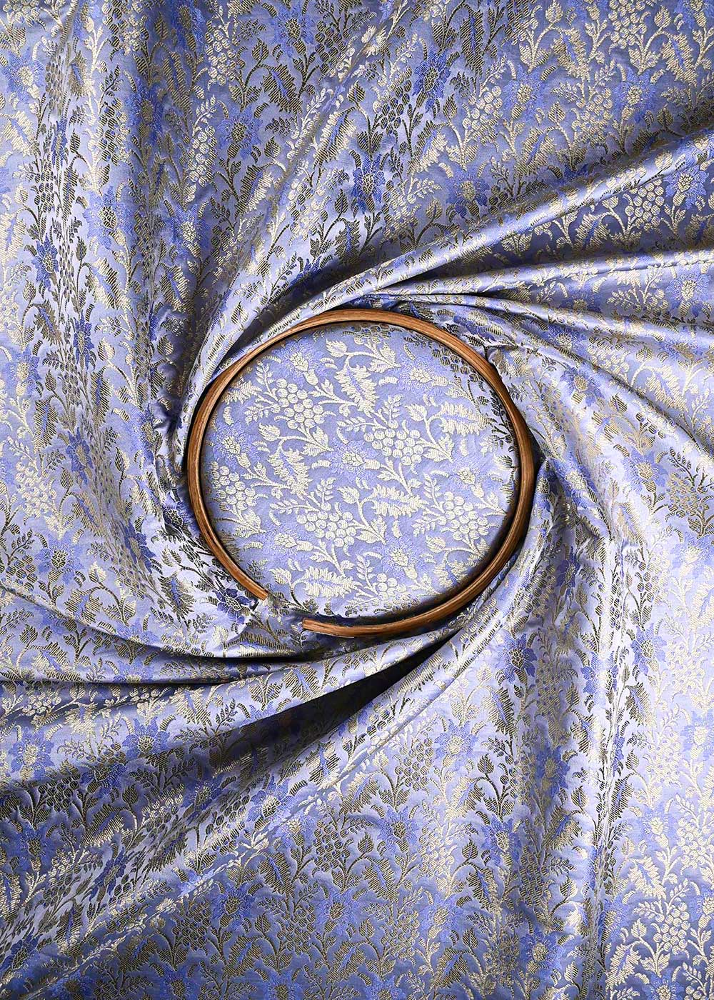 Powder Blue Banarasi Brocade Fabric With All Over Thread And Golden Zari Handloom 23850