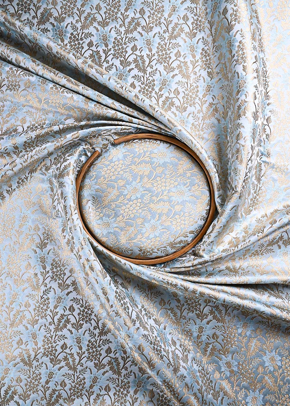 Ice Blue Banarasi Brocade Fabric With All Over Thread And Golden Zari Handloom 23851