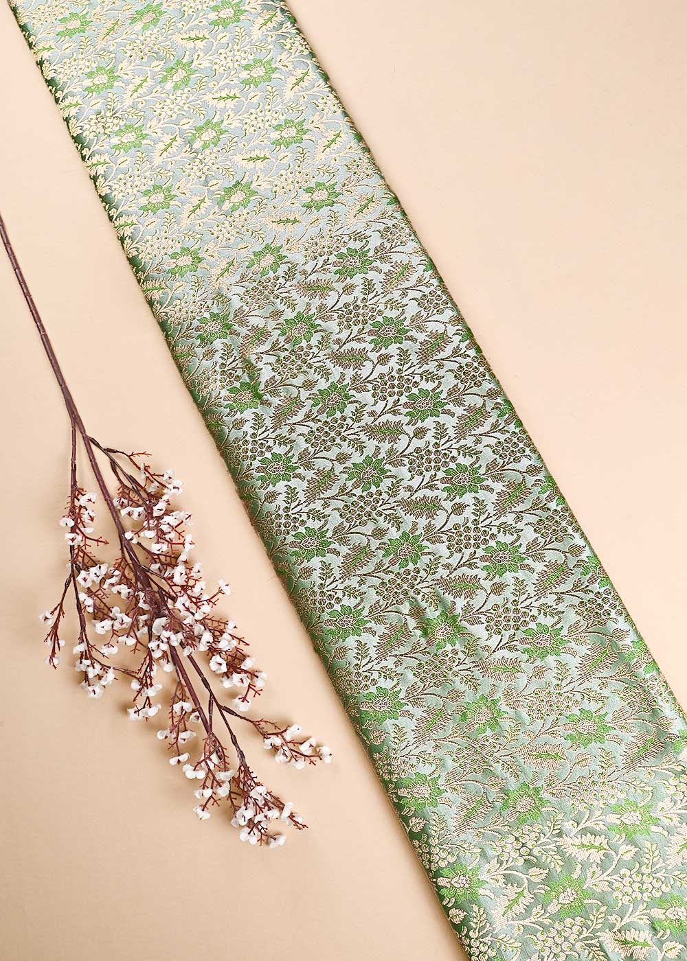 Mint Green Banarasi Brocade Fabric With All Over Thread And Golden Zari Handloom 23852