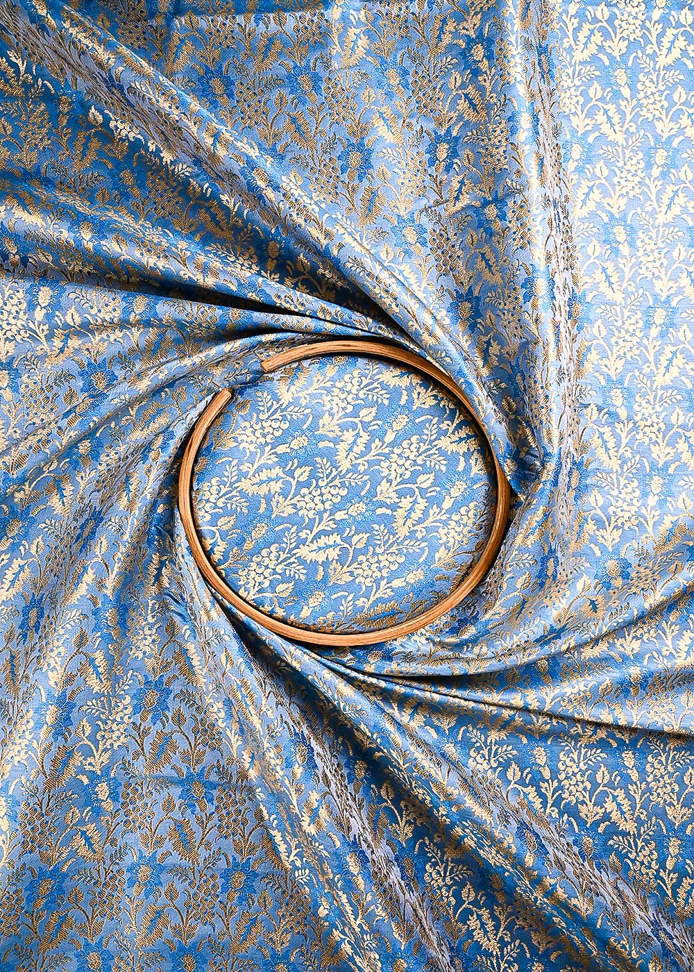 Light Blue Banarasi Brocade Fabric With All Over Thread And Golden Zari Handloom 23854