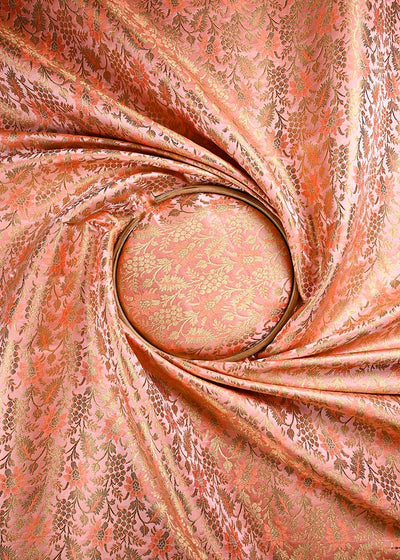 Peach Banarasi Brocade Fabric With All Over Thread And Golden Zari Handloom 23856
