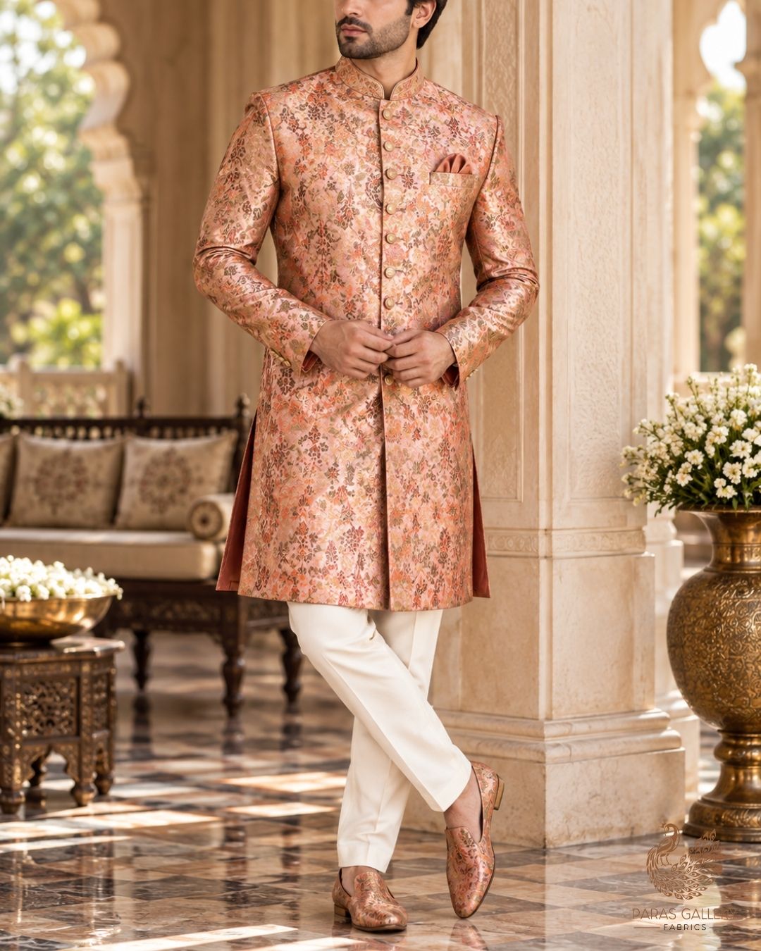 Peach Banarasi Brocade Fabric With All Over Thread And Golden Zari Handloom 23856