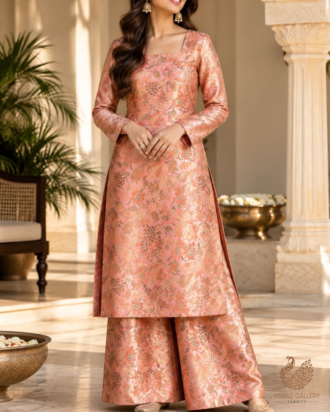 Peach Banarasi Brocade Fabric With All Over Thread And Golden Zari Handloom 23856