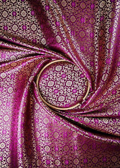 Purple Banarasi Brocade Fabric With All Over Thread And Golden Zari Handloom 23858