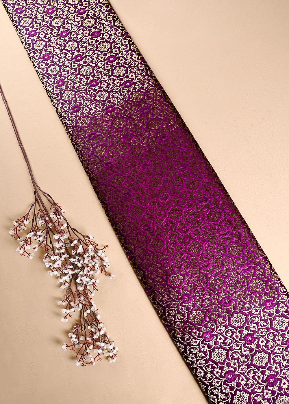 Purple Banarasi Brocade Fabric With All Over Thread And Golden Zari Handloom 23858