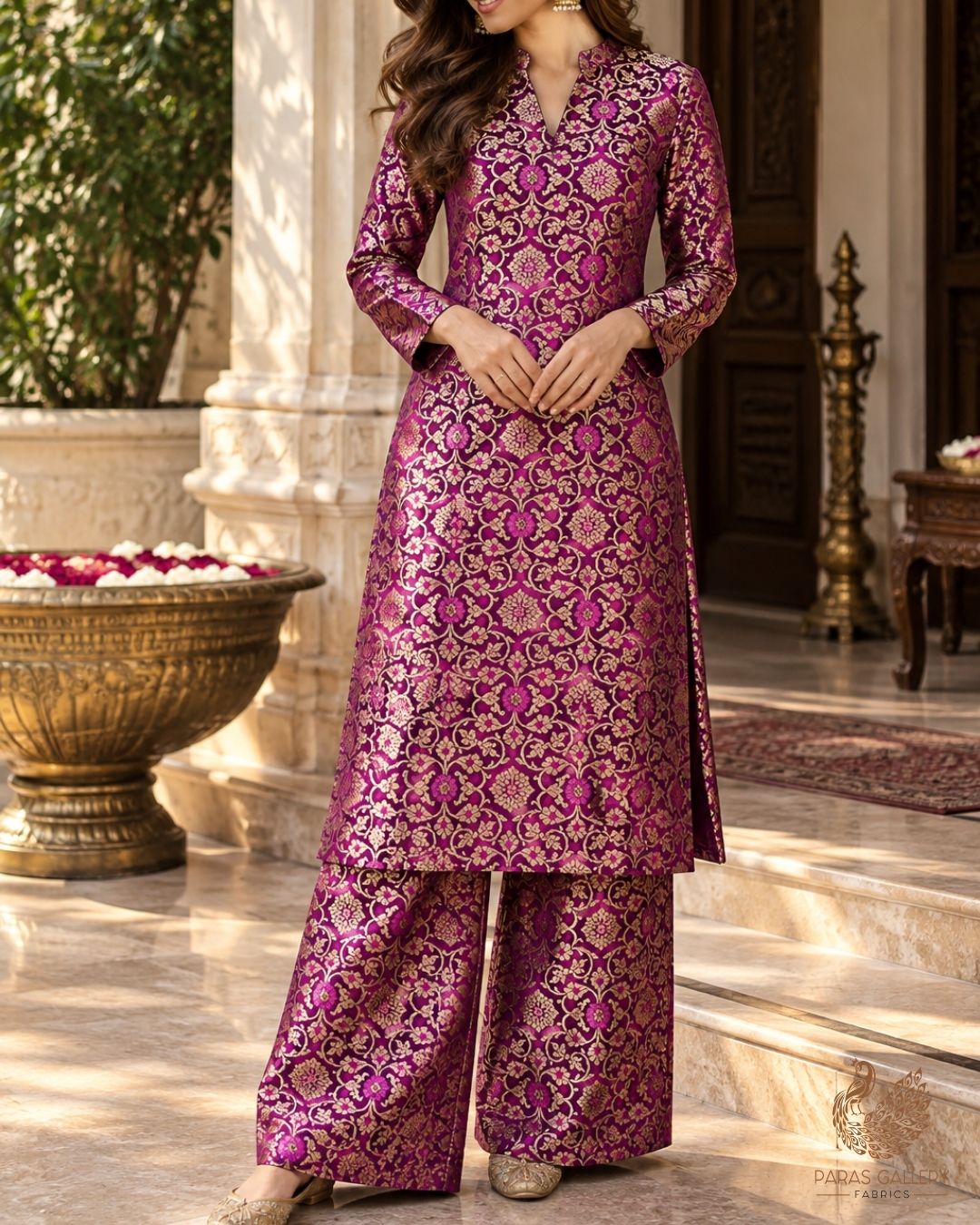 Purple Banarasi Brocade Fabric With All Over Thread And Golden Zari Handloom 23858
