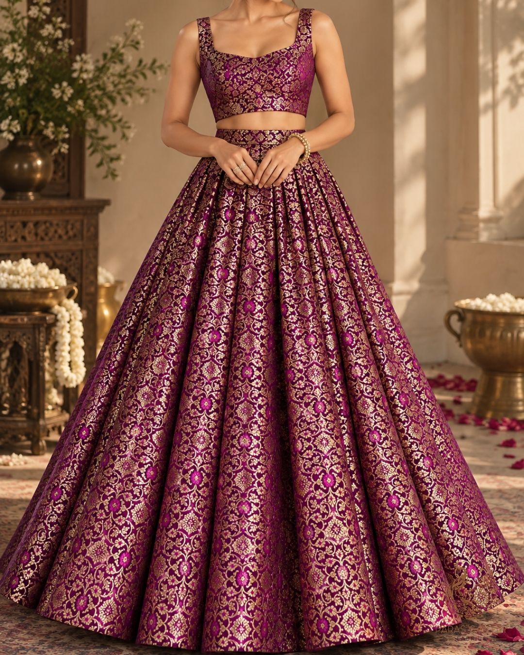 Purple Banarasi Brocade Fabric With All Over Thread And Golden Zari Handloom 23858