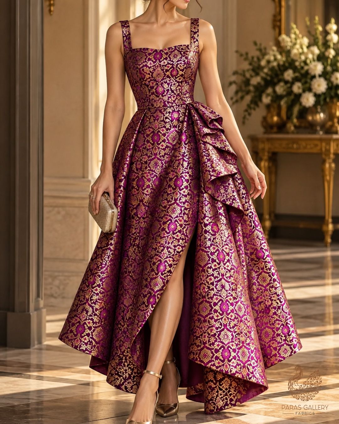 Purple Banarasi Brocade Fabric With All Over Thread And Golden Zari Handloom 23858