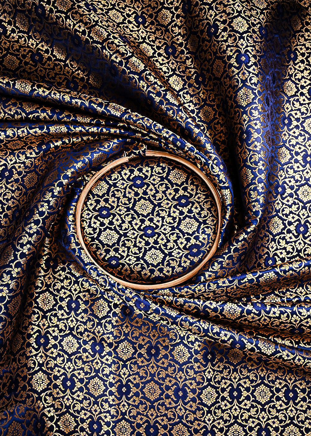 Navy Blue Banarasi Brocade Fabric With All Over Thread And Golden Zari Handloom 23861