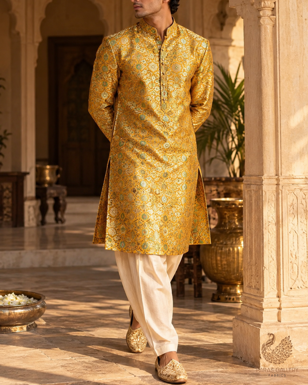 Mustard Banarasi Brocade Fabric With All Over Thread And Golden Zari Handloom 23862