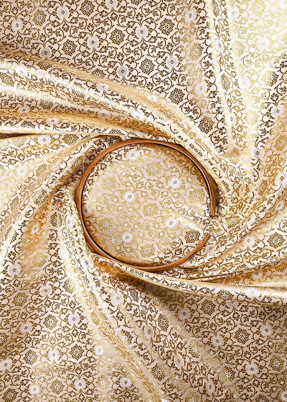 Off White Banarasi Brocade Fabric With All Over Thread And Golden Zari Handloom 23864