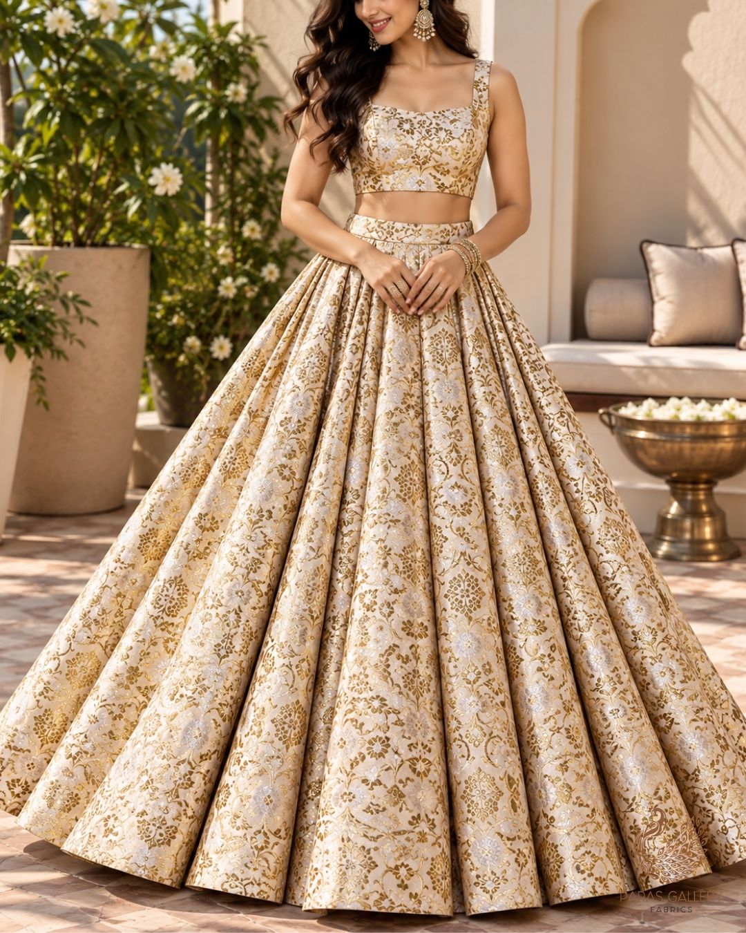 Off White Banarasi Brocade Fabric With All Over Thread And Golden Zari Handloom 23864