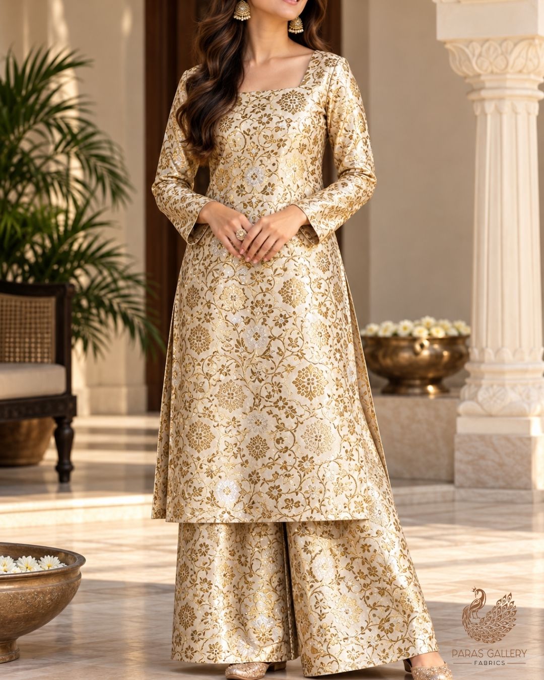 Off White Banarasi Brocade Fabric With All Over Thread And Golden Zari Handloom 23864