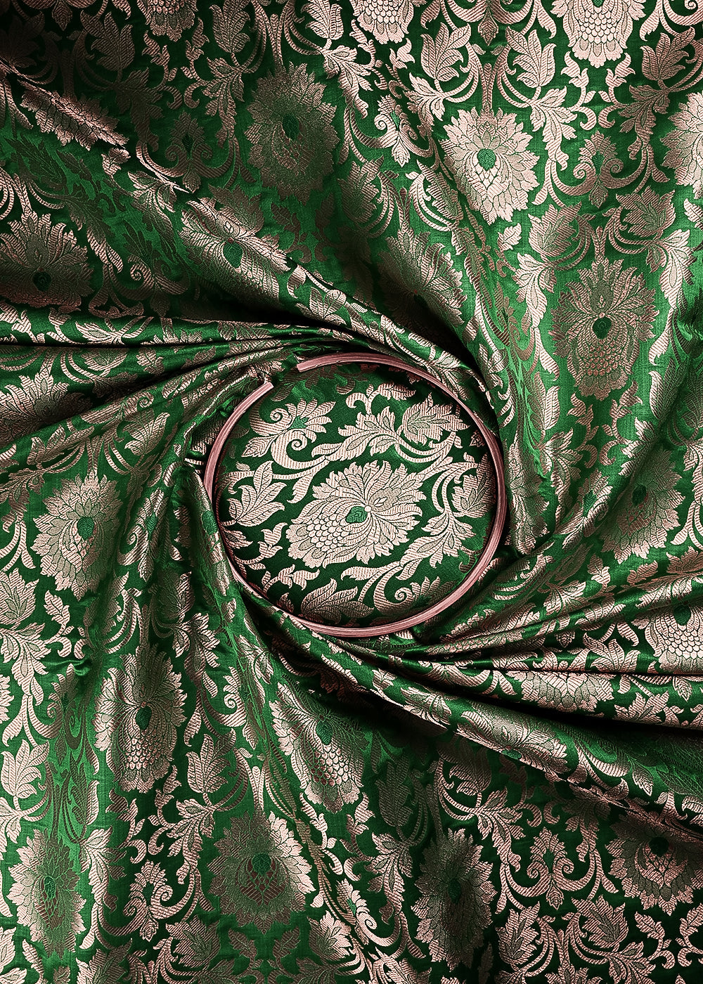 Rama Green Banarasi Brocade Fabric With All Over Thread And Zari Handloom 23867