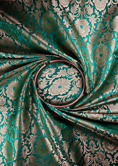 Rama Green Banarasi Brocade Fabric With All Over Thread And Zari Handloom 23867