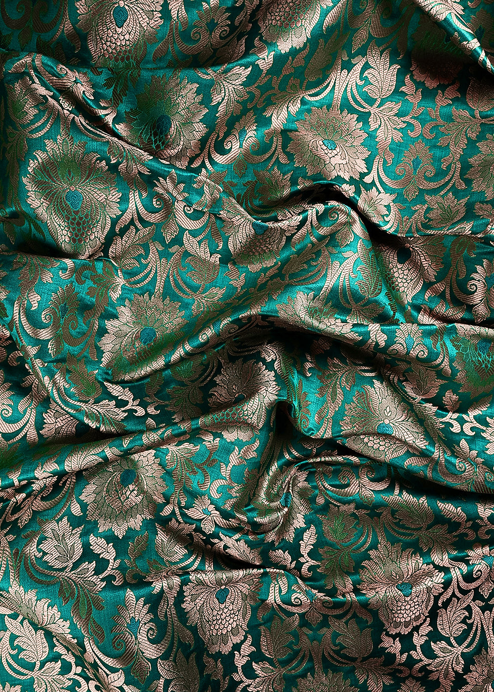 Rama Green Banarasi Brocade Fabric With All Over Thread And Zari Handloom 23867